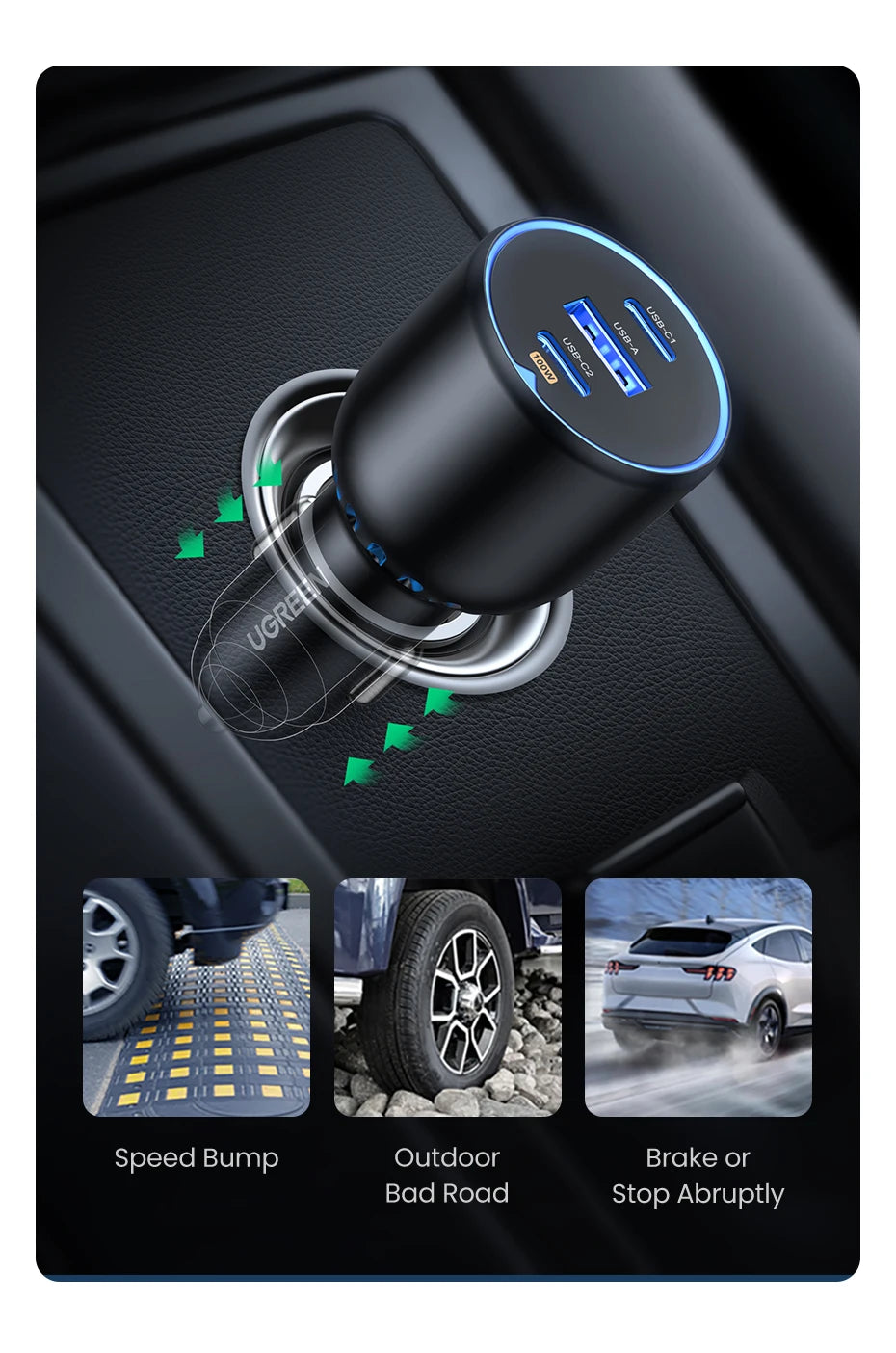 UGREEN 130W 3-Port USB-C Car Charger