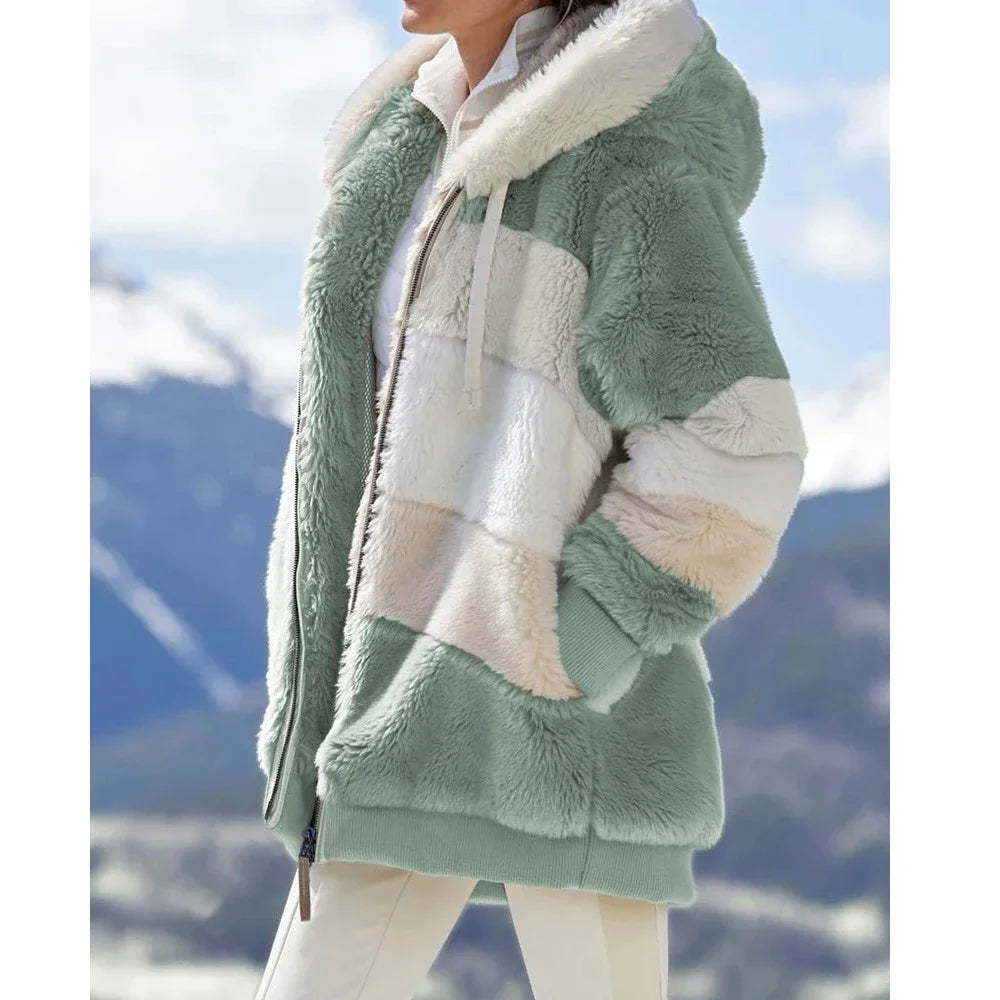 Winter Fashion Women's Coat 2026 Hooded Zipper Ladies Jacket Spliced Thick Cashmere Women Jacket Stitching Plaid Ladies Coats