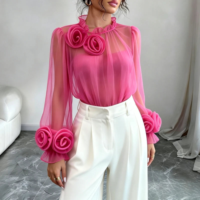 Women's Magenta Sheer Chiffon Blouse 3D Floral Appliqué Ruffled Mock Neck Puff Long Sleeve Loose Casual Summer Daily Party Top