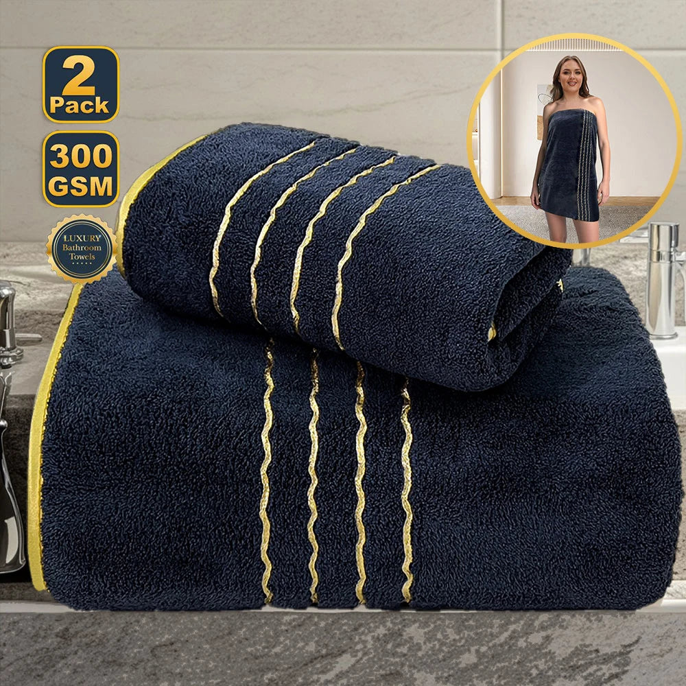 Gold Accent Bath Towel Set – White, Grey or Navy, 2 to 8 Pieces