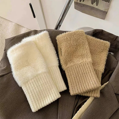 Guantes tejidos de felpa sin dedos para mujer – Calentadores de muñeca suaves
