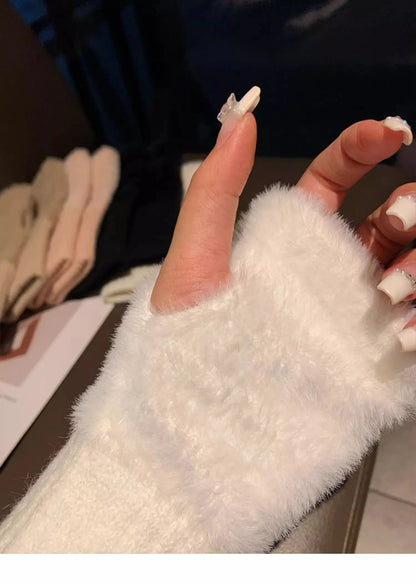 Guantes tejidos de felpa sin dedos para mujer – Calentadores de muñeca suaves