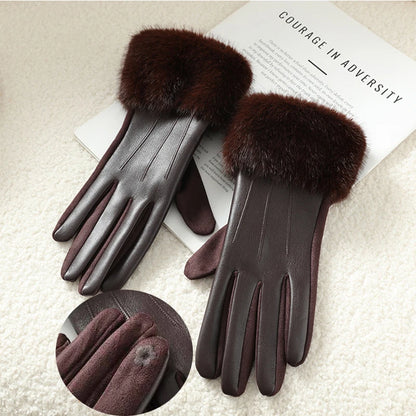 Damen-Kunstlederhandschuhe mit Kunstfellbesatz – mit Thermofutter, winddicht