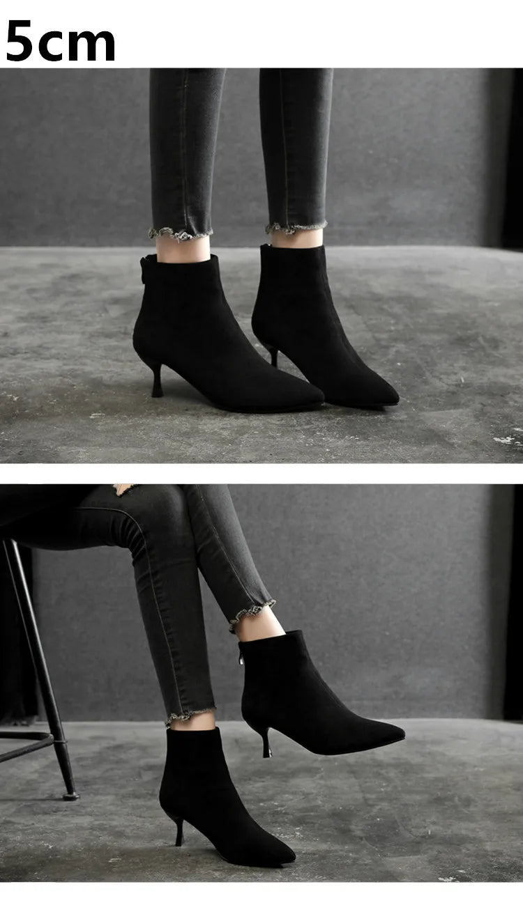 Suede Pointy Toe Ankle Boots Zipper Thin Heels Size 31-43 Winter Short Boots for Women High Heels Big Size High Heels