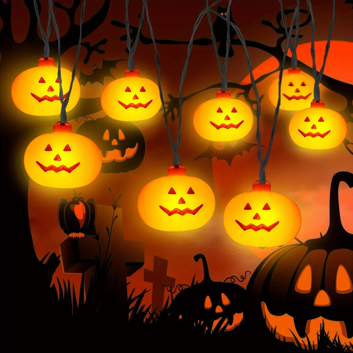 Jack-O'-Lantern Pumpkin LED String Lights – Battery Powered Halloween Decor