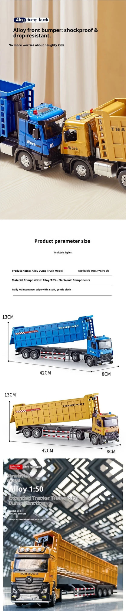 42 cm Alloy Semi-Trailer Dump Truck – Large Construction Toy