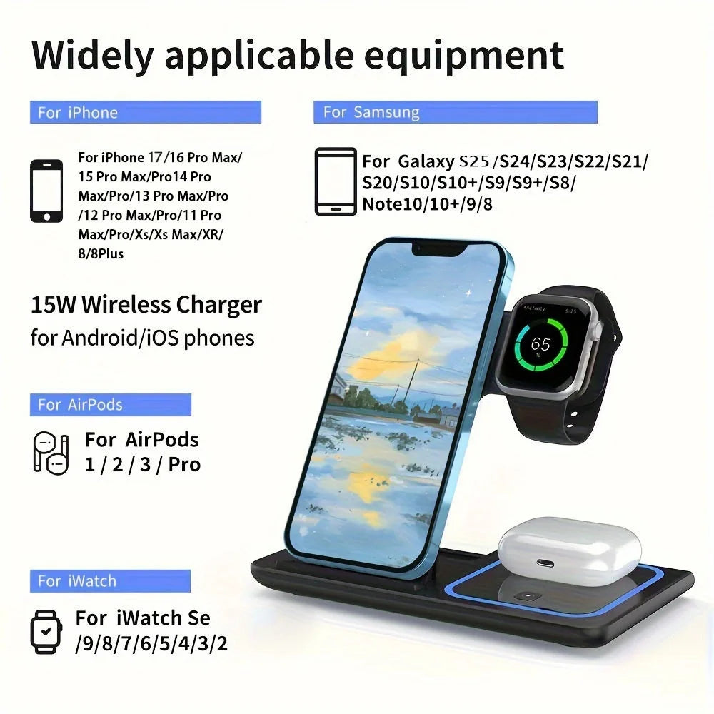 Foldable 3-in-1 Wireless Charging Station for Phone, Watch & AirPods