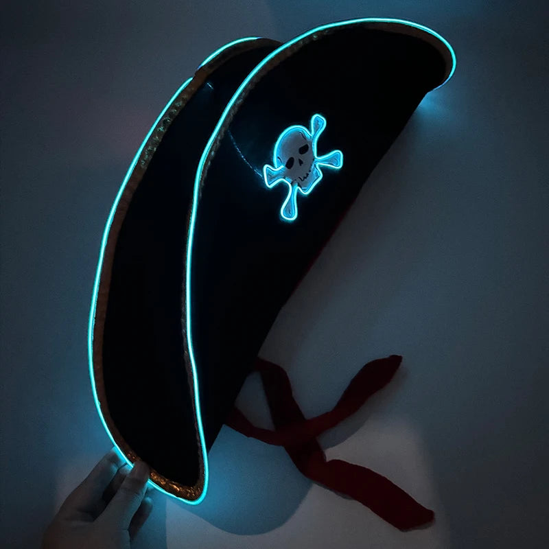 LED Light-Up Pirate Captain Hat - Glowing Tricorn Costume Hat for Halloween & Parties