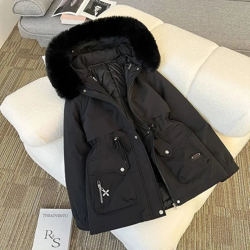 Streetwear Winter Short Parkas Women's Detachable Liner Cotton-padded Jackets Fur Collar Hooded Coats Lady Outerwear 3 Ways Wear
