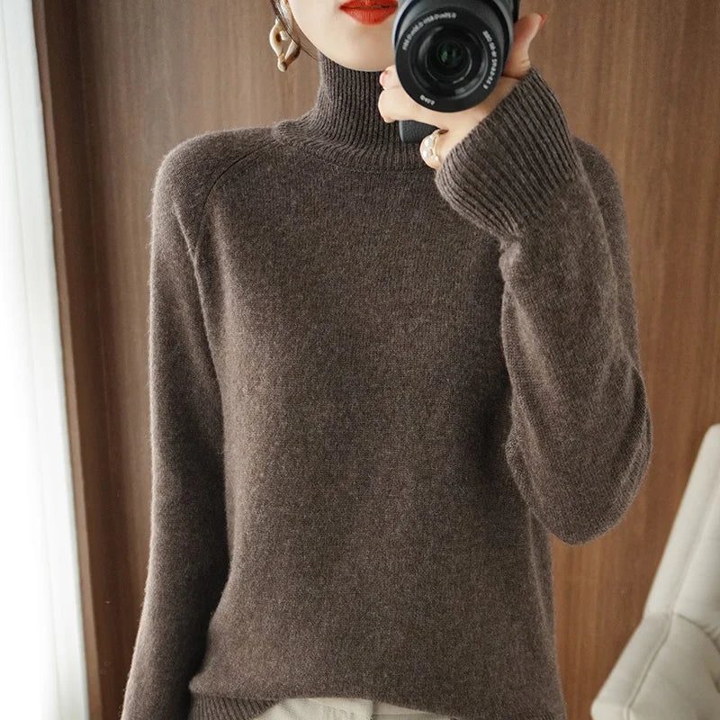 Fashion Basic Autumn Winter Merino Wool Sweater Mock Neck Cashmere Pullover Solid Color Soft Long Sleeve Basic Clothing Tops