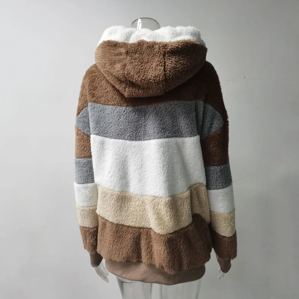 Winter Fashion Women's Coat 2026 Hooded Zipper Ladies Jacket Spliced Thick Cashmere Women Jacket Stitching Plaid Ladies Coats