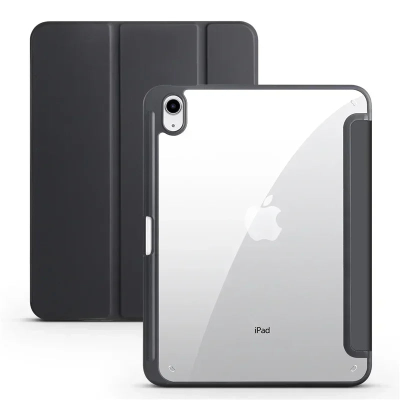 Black and clear tablet case with Apple logo on a white background