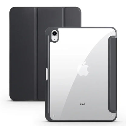 Black and clear tablet case with Apple logo on a white background