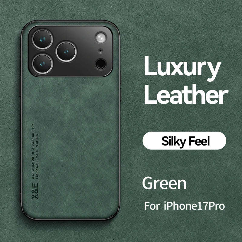 Luxury Leather Case For iPhone 17 18 16 15 14 13 12 11 Pro Max Plus 13 12 Mini Air 16E Cover With Metal Plate Support Car Hold
