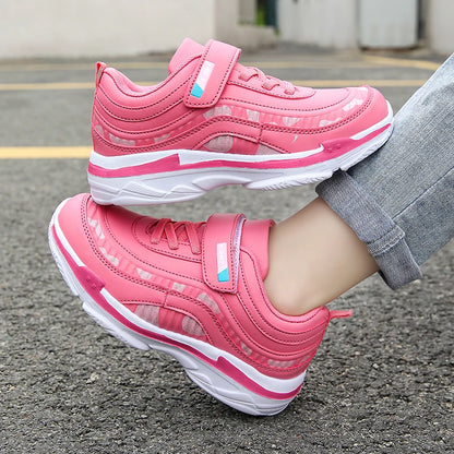 Zapatillas deportivas impermeables para niñas, zapatillas casual de cuero rosa transpirables, a la moda, antideslizantes, ligeras para niños.
