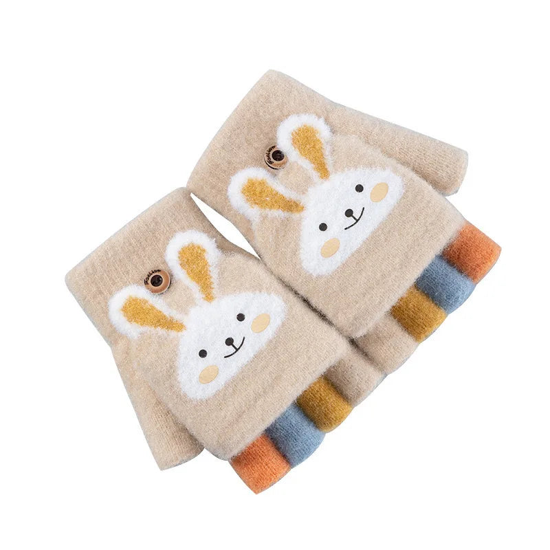 Kids' Bunny Flip-Top Knit Gloves – Half-Finger Mittens (Ages 4–11)