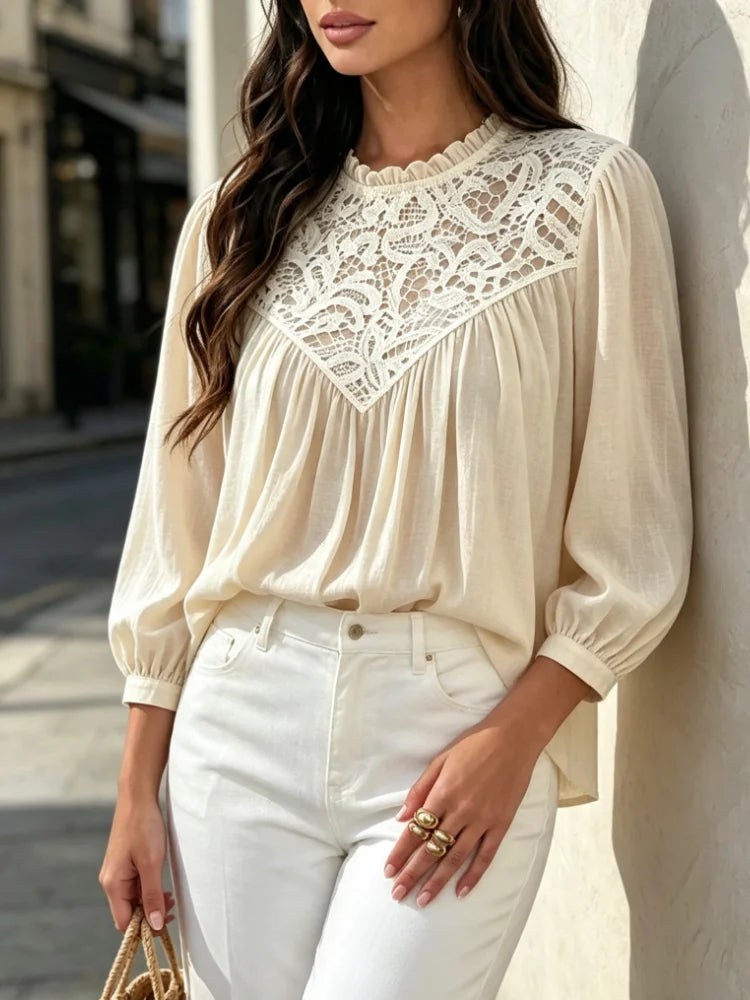 Mori New Chic Women Spring Autumn Lace Spliced Chiffon Blouse Ruffle Neck Lantern Long Sleeve Loose Fit Elegant Daily Tops