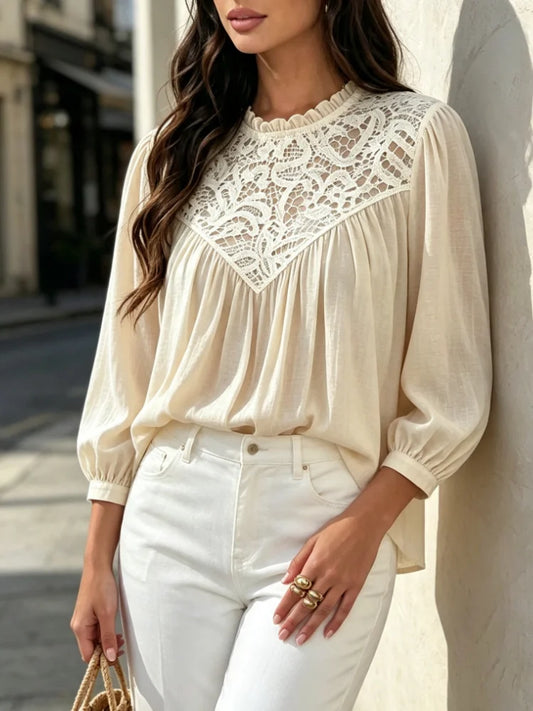 Lace-Panel Ruffle-Neck Chiffon Blouse