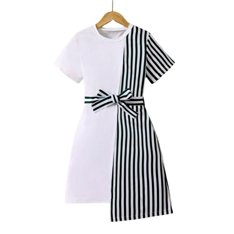 Girls' Striped Belted Dress - Elegant Bow Detail Party Dress, Ages 8-12