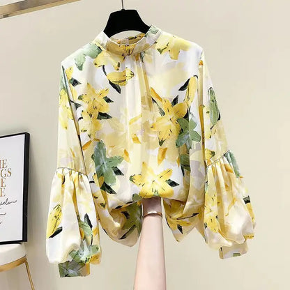 Blusa Gialla in Chiffon a Fantasia Floreale con Maniche a Lanterna