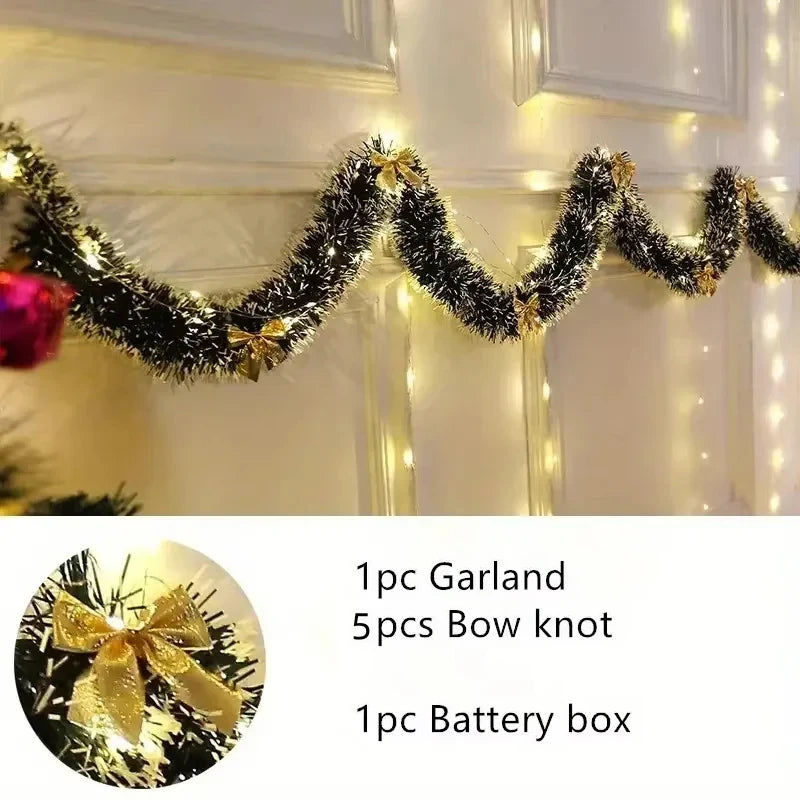 2M LED Light Christmas Tinsel Garland Shiny Metallic Twist Hanging Ornament Artificial Xmas Garland Fireplace Mantel Home Party