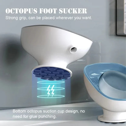 Octopus foot sucker product on a bathroom wall with text describing its features.