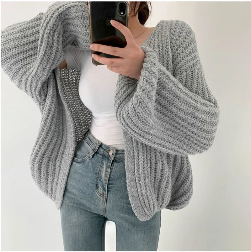 Women's Lantern-Sleeve Knit Cardigan – Relaxed Open-Front Sweater