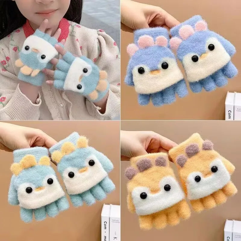 Kids' Penguin Flip-Top Mittens – Half-Finger Winter Gloves (Ages 2–6)
