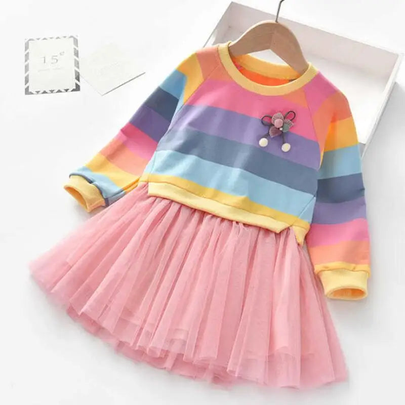 Girls' Rainbow Stripe Fleece Tutu Dress - Long Sleeve Autumn Princess Dress, 3T-7T