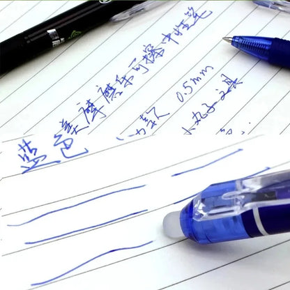 Ensemble de stylos gel effaçables rétractables – Encre noire et bleue 0,5 mm avec recharges et gomme intégrée pour l'école et le bureau