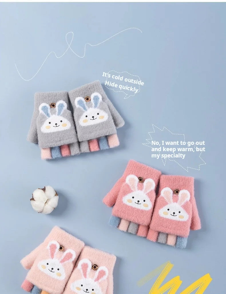 Kids' Bunny Flip-Top Knit Gloves – Half-Finger Mittens (Ages 4–11)