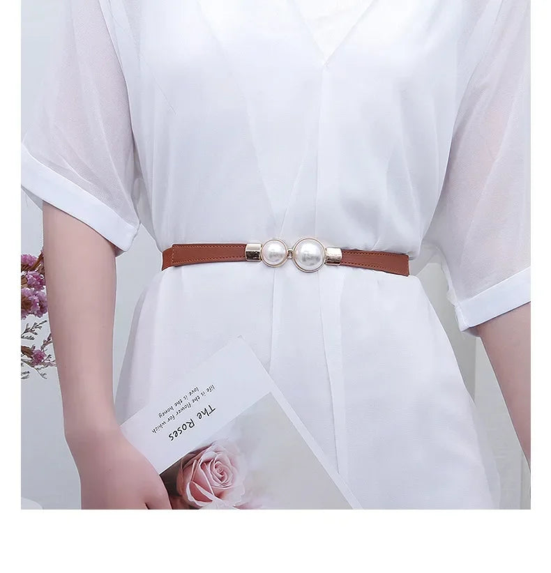 Women's Pearl Elastic Waist Belt – Vintage Hook Belt for Sweaters & Coats