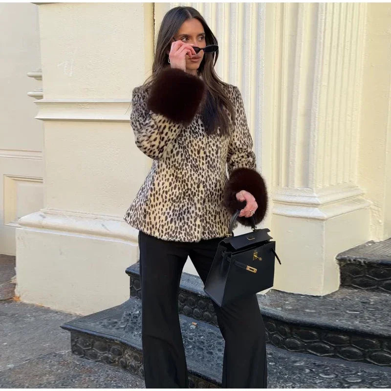 Street Leopard Print Fur Cuffs Jacket Women Stand Collar Full Sleeve Buttons Jackets 2026 Autumn Winter Fashion Lady Outwear