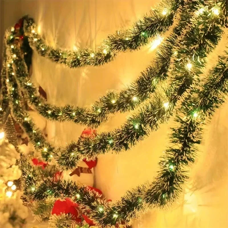 2M LED Light Christmas Tinsel Garland Shiny Metallic Twist Hanging Ornament Artificial Xmas Garland Fireplace Mantel Home Party