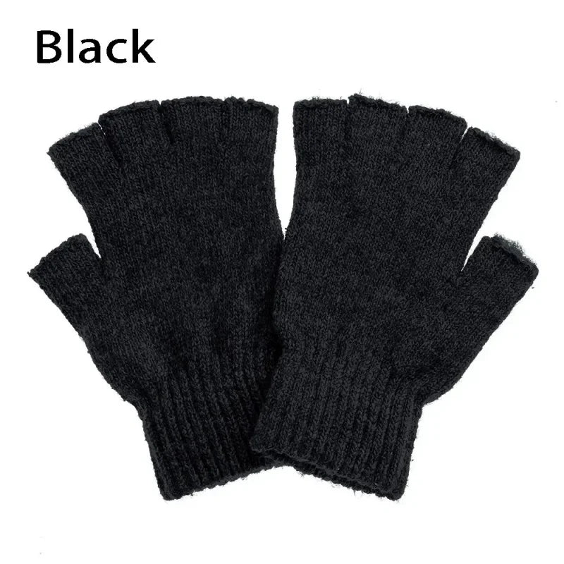 Thick Knit Fingerless Gloves – Unisex Black Half-Finger Gloves