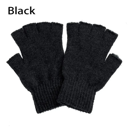 Thick Knit Fingerless Gloves – Unisex Black Half-Finger Gloves