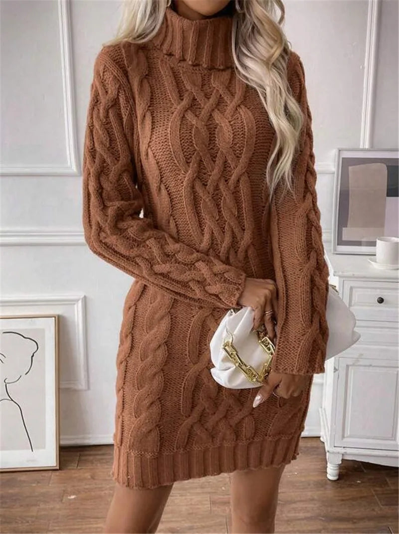 Women's Twisted-Knit Turtleneck Knee-Length Dress