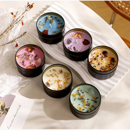 Kristall-Sojawachs-Kerze mit Trockenblumen in Eisen-Dose | 7 Farben | 20 Std. Brenndauer | Party & Geschenk