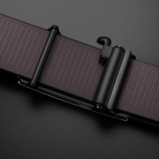 Men's Geometric Automatic Buckle Belt – Faux Leather, Gold, Silver or Gunmetal