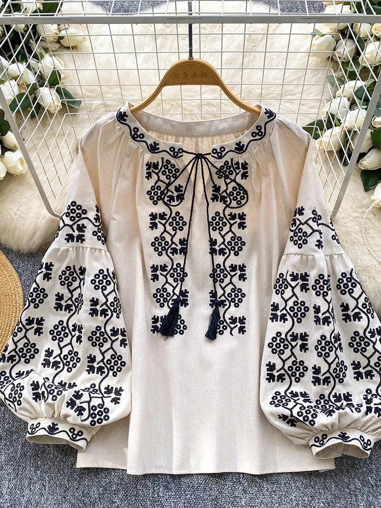 Women Embroidered Blouse Autumn Casual Versatile Lace Up O-neck Lantern Sleeves Retro Heavy Industry Top Female Pullovers BL247