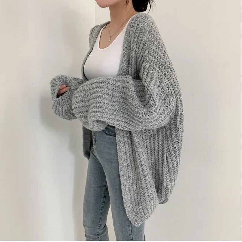Women's Lantern-Sleeve Knit Cardigan – Relaxed Open-Front Sweater