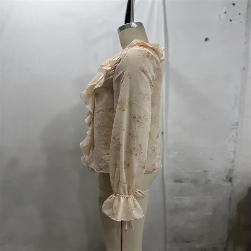 Guobioziy Elegant Women Floral Print Chiffon Blouse Ruffle Trim V‑Neck Flare Sleeve Top For Dating Office Daily Outfi