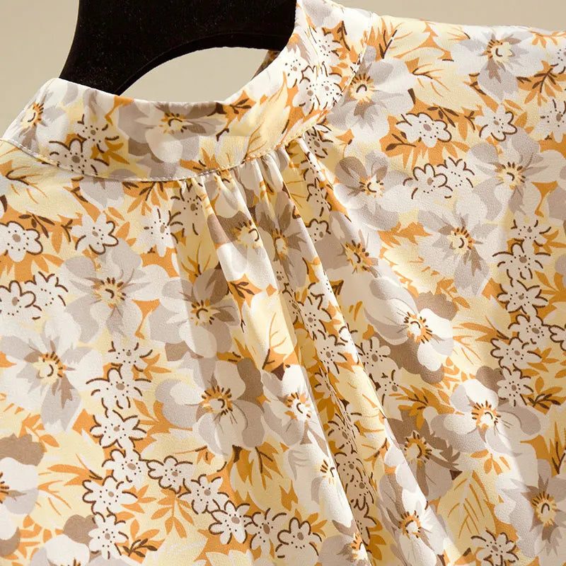 Floral Print Vintage Chiffon Stand Collar Lantern Sleeve Pullover Women's Blouse Shirt Casual Female Clothing Tops Fashion 2024
