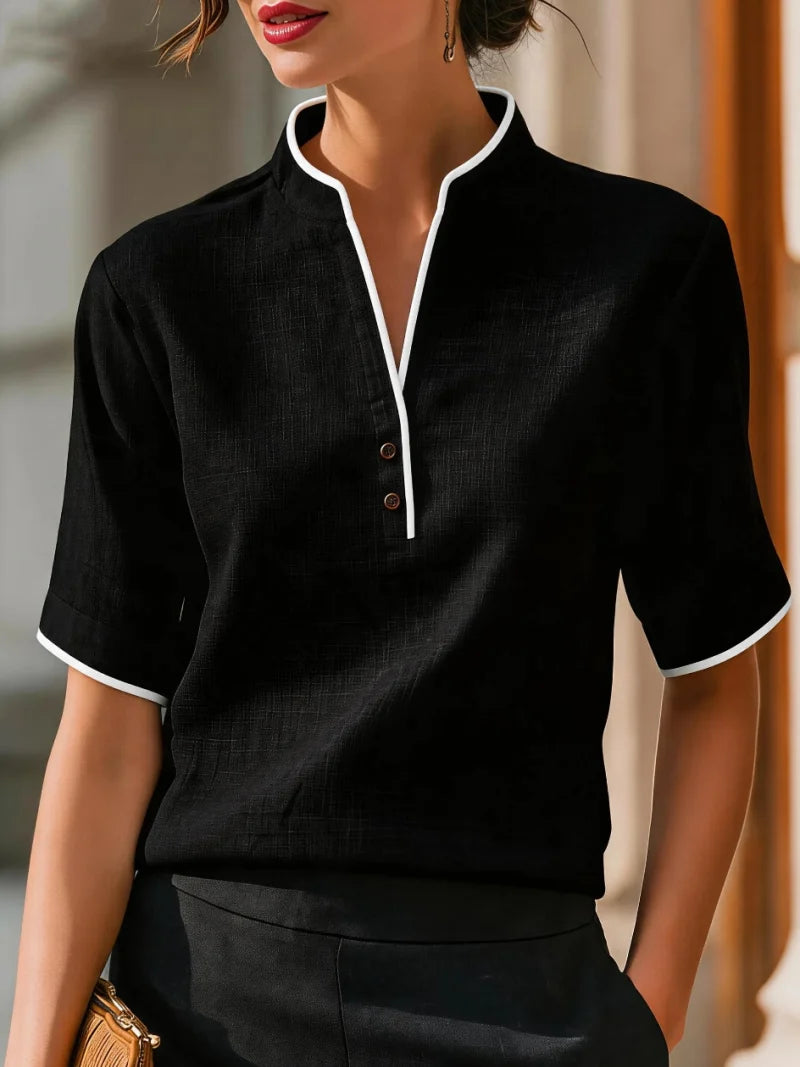 Women's V-Neck Button Detail Contrast Trim Blouse – Short Sleeve Casual Top