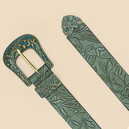 Cinturón de mujer vintage con hojas talladas – Polipiel, verde militar