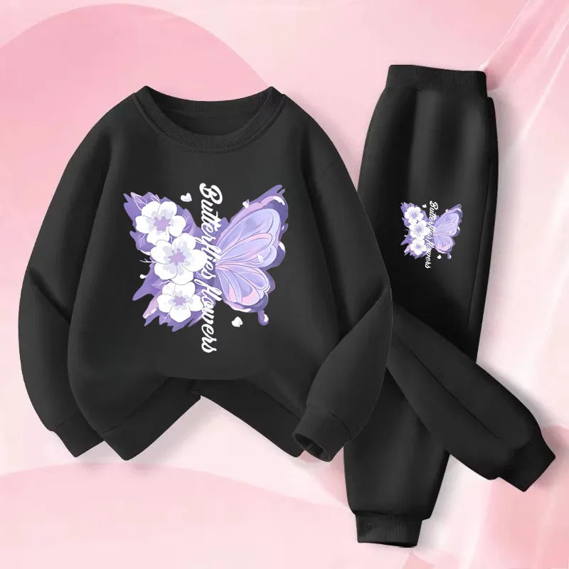 Girls' Butterfly Print Hoodie & Pants Set - 2-Piece Spring Tracksuit, Sizes 100-150