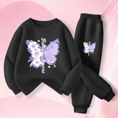 Mädchen-Set aus Kapuzenpullover und Hose mit Schmetterlingsdruck – 2-teiliger Frühlings-Trainingsanzug, Größen 100–150