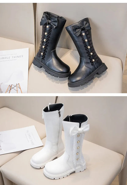 Girls' Waterproof Knee-High Boots with Bow & Lace
