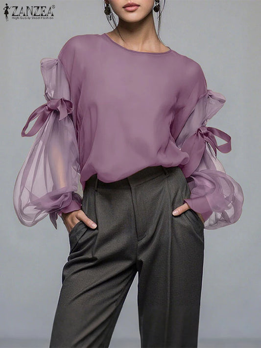 Bow-Detail Mesh Lantern-Sleeve Blouse