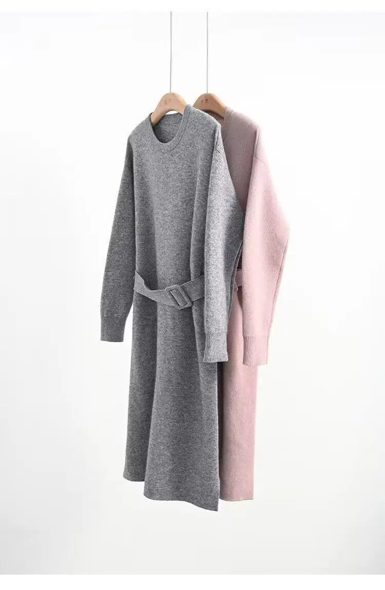 Women's Knit A-Line Midi Dress with Sash